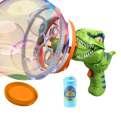 Vibrant green dinosaur bubble blaster, an engaging kids' toy for hours of bubble-filled playtime.