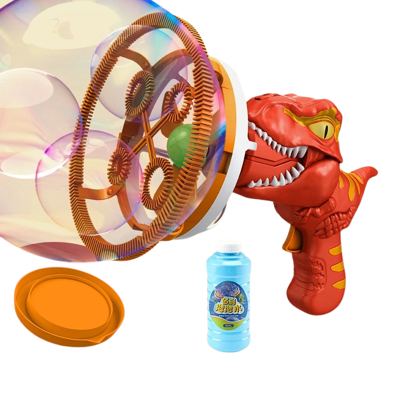 Durable kids' dinosaur bubble blaster, ideal for outdoor activities, gifts, or party favors.
