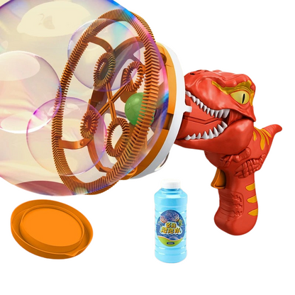 Durable kids' dinosaur bubble blaster, ideal for outdoor activities, gifts, or party favors.