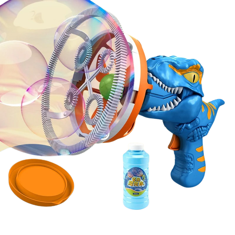 Close-up of a dinosaur bubble blaster toy, showing its fun design and bubble-making action.