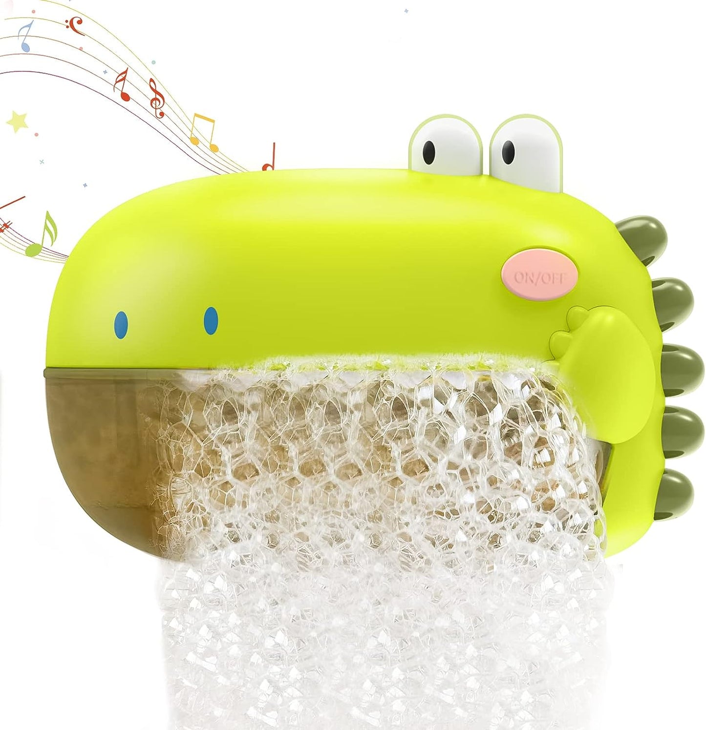 Green dinosaur bubble machine bath toy for kids, playing music and making bubbles in a tub.