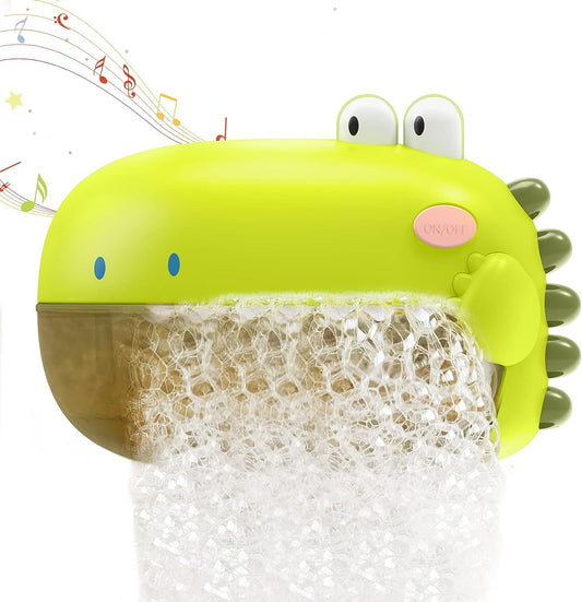 Green dinosaur bubble machine bath toy for kids, playing music and making bubbles in a tub.