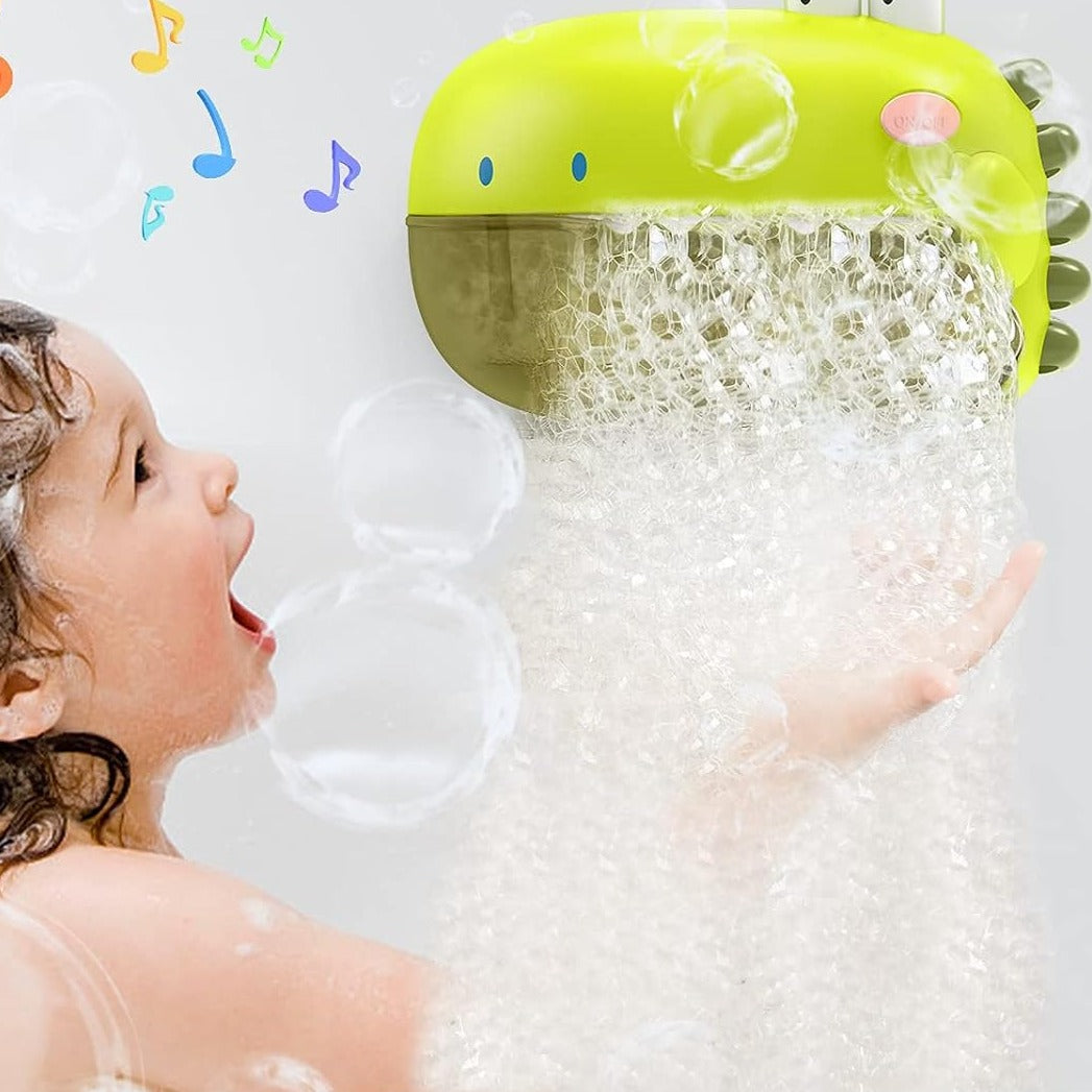 Close-up of a kids' dinosaur bubble machine bath toy, with cheerful music and continuous bubble output.