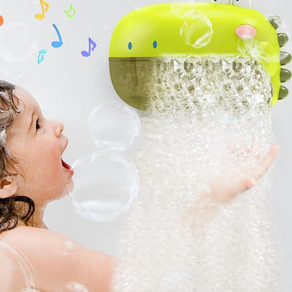 Close-up of a kids' dinosaur bubble machine bath toy, with cheerful music and continuous bubble output.