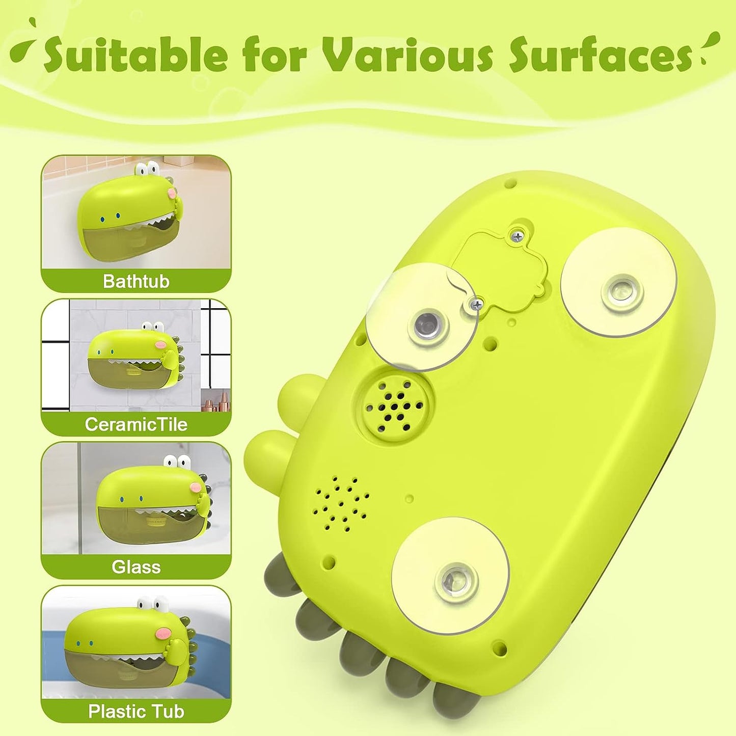 Sensory bath toy: a green dinosaur bubble machine with music, perfect for engaging toddlers in the bath.