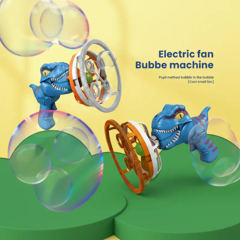 Close-up of Kids' Musical Dino Bubble Machine, a fun children's gift, making continuous bubbles
