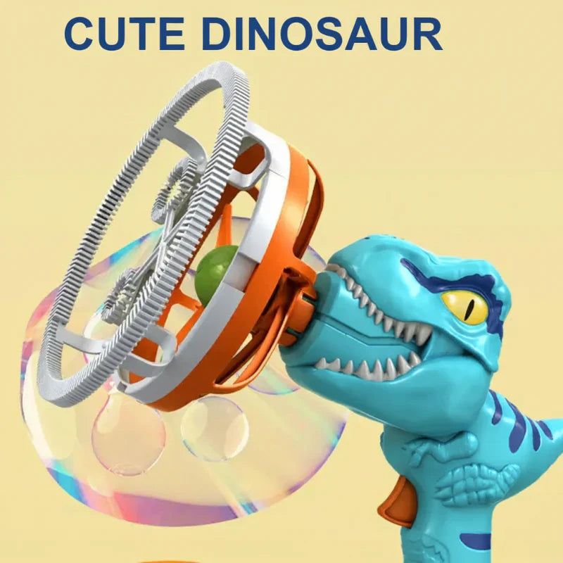 Child playing with a dinosaur bubble machine toy, enjoying outdoor fun with automatic bubbles