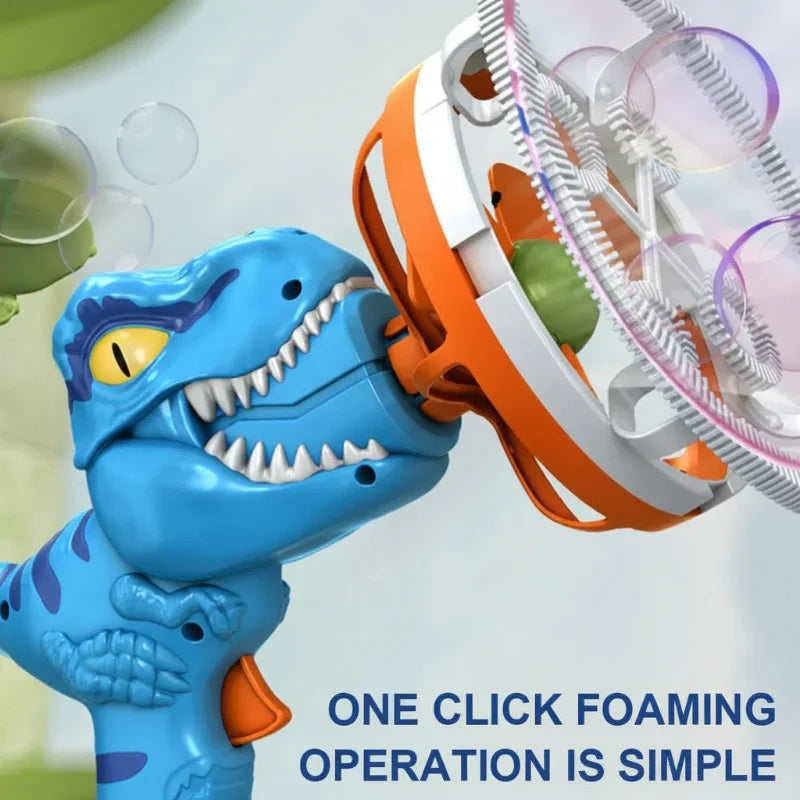 Top view of a bright green dino bubble machine, an engaging kids toy for endless bubble play