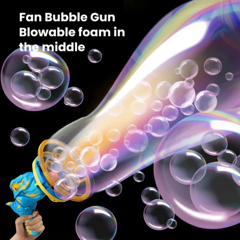 Happy child interacting with the Musical Dino Bubble Machine, creating a stream of bubbles