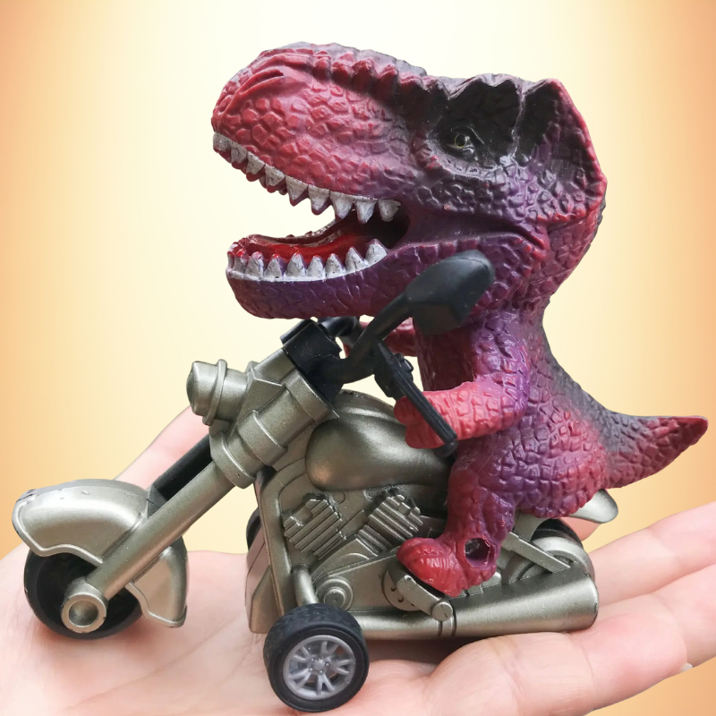 Green dinosaur motorcycle friction toy for kids, promoting imaginative play and motor skills development.