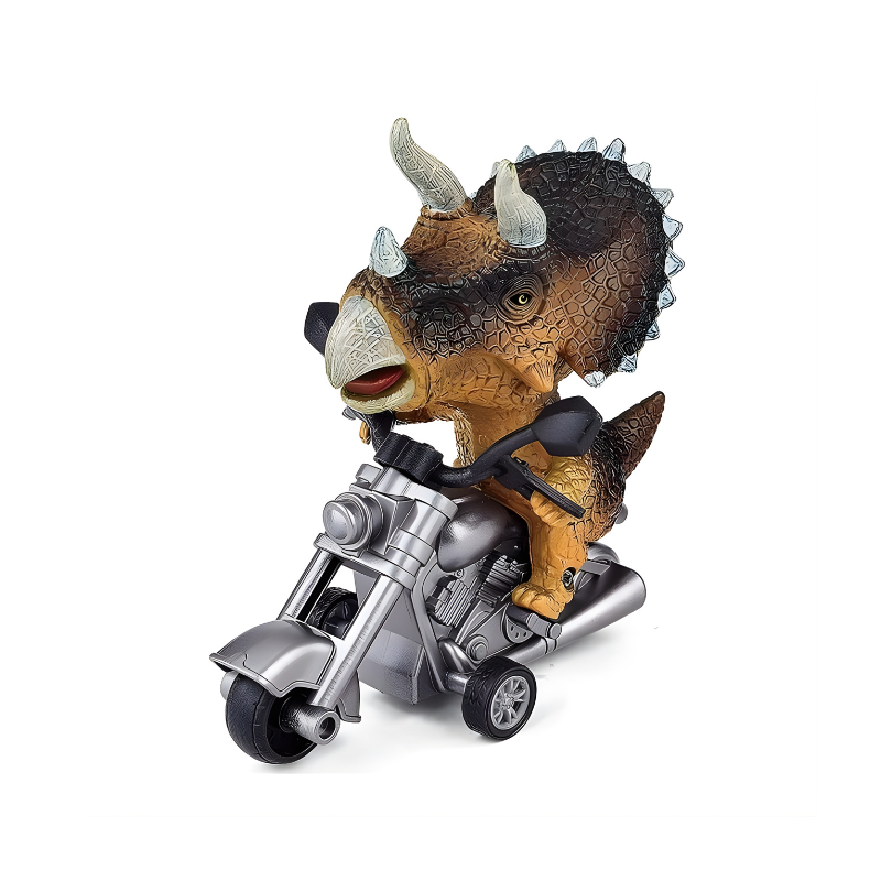 Durable yellow dinosaur motorcycle toy, friction-powered for energetic kids' play and motor skill enhancement.