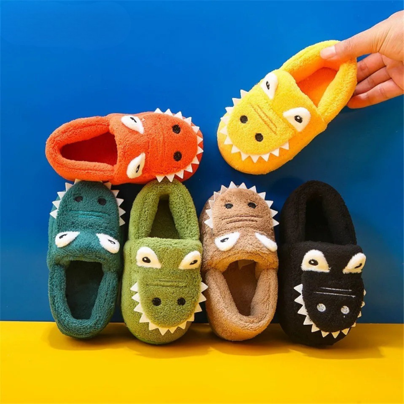 Green dinosaur plush slippers for kids, cozy and warm house shoes for toddlers