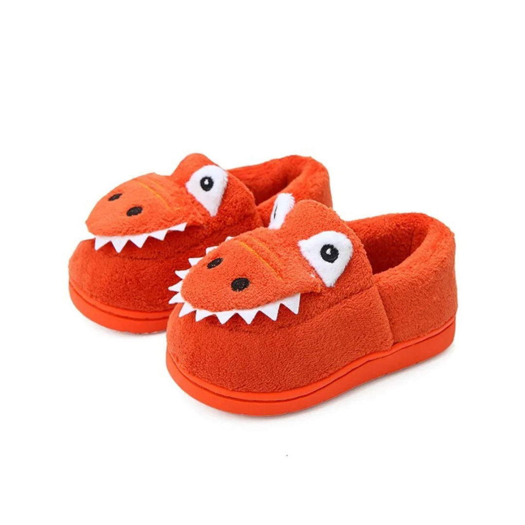 Orange dinosaur plush house shoes for kids, ideal for keeping little feet warm indoors