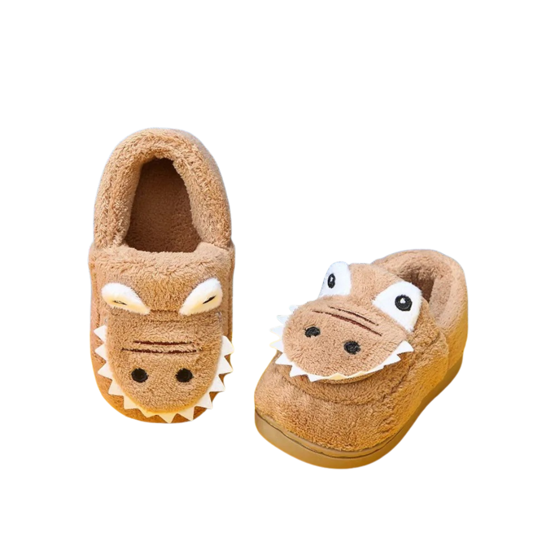 Assorted dinosaur themed plush slippers for kids, comfortable and warm house shoes