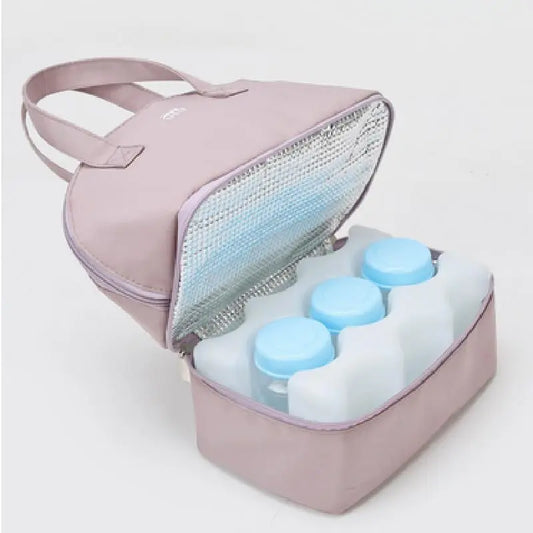 Green double-layer thermal breast milk cooler bag for baby travel, insulated with handle