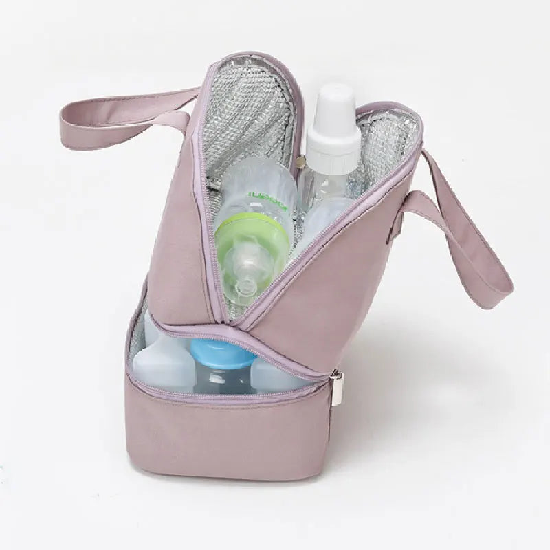 Pink double-layer thermal breast milk cooler bag, essential for breastfeeding moms on the go