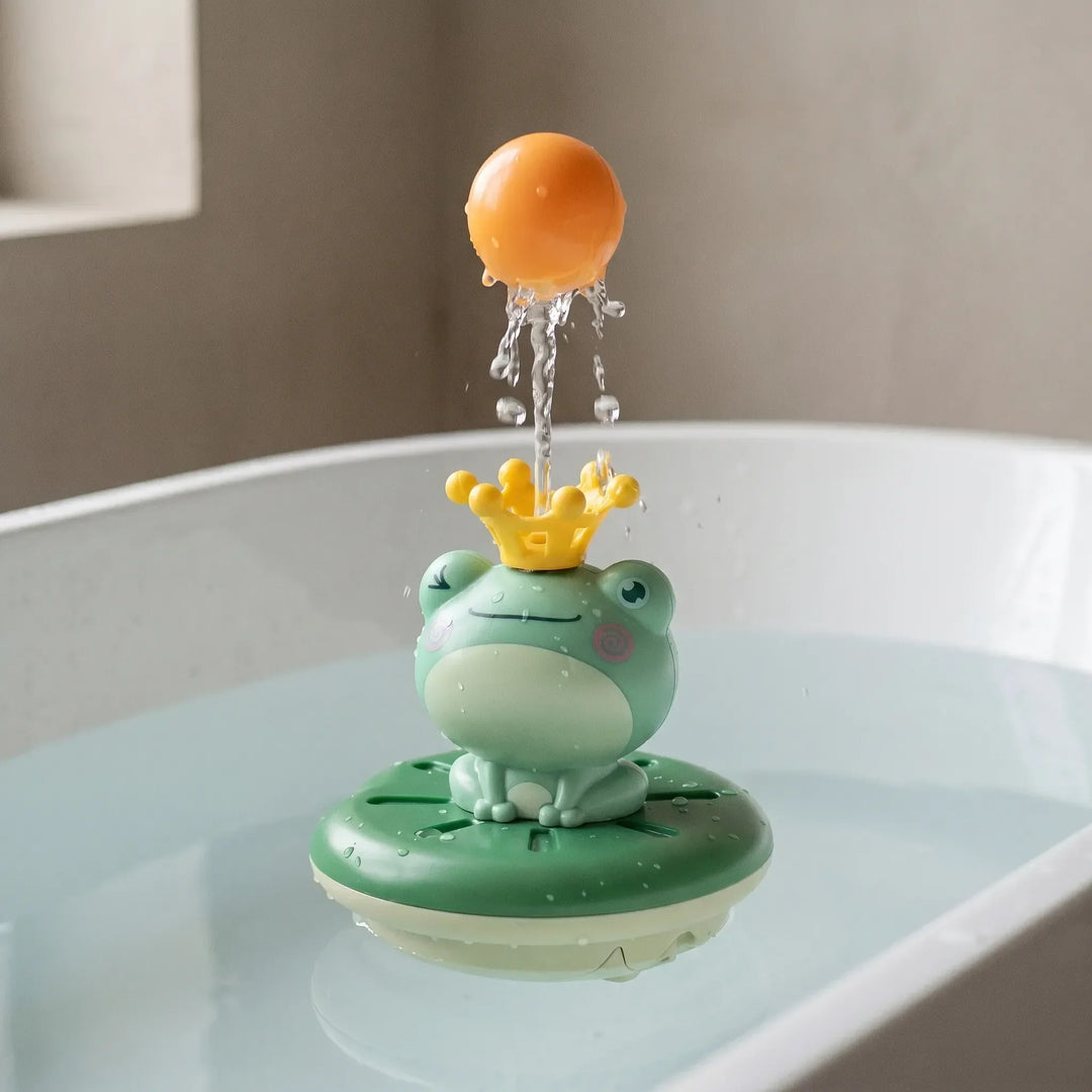 Green floating frog bath sprinkler toy for kids, toddlers & babies. Interactive water fun for bath time.