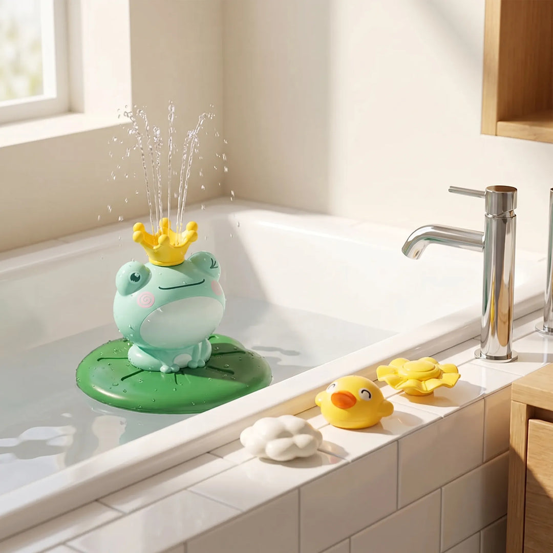 Interactive floating frog bath toy with water sprinkler feature for fun baby & toddler bath time play.