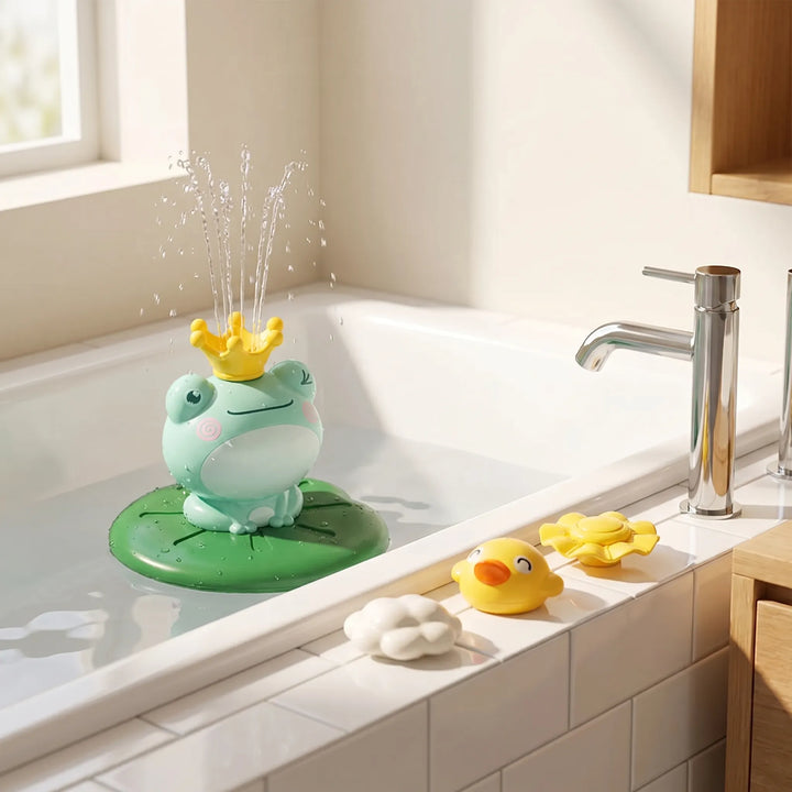 Interactive floating frog bath toy with water sprinkler feature for fun baby & toddler bath time play.