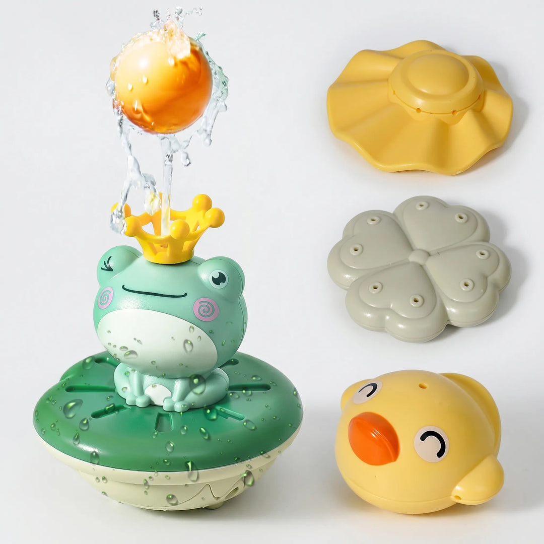 Toddler & baby bath toy: floating frog sprinkler. Creates playful water streams for fun interactive bathtime.