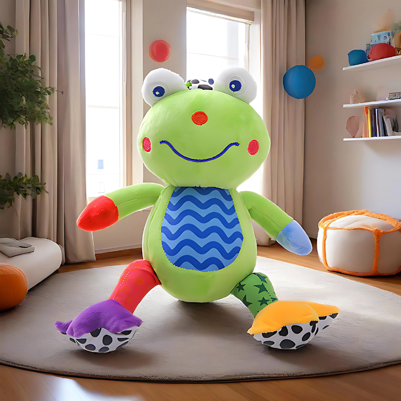 Green frog musical plush toy for babies, soft and clip-on, perfect for sensory play and crib or stroller attachment.