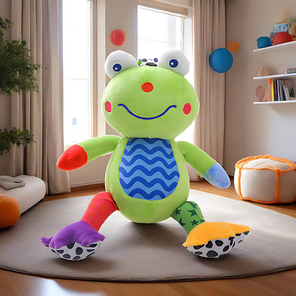 Green frog musical plush toy for babies, soft and clip-on, perfect for sensory play and crib or stroller attachment.