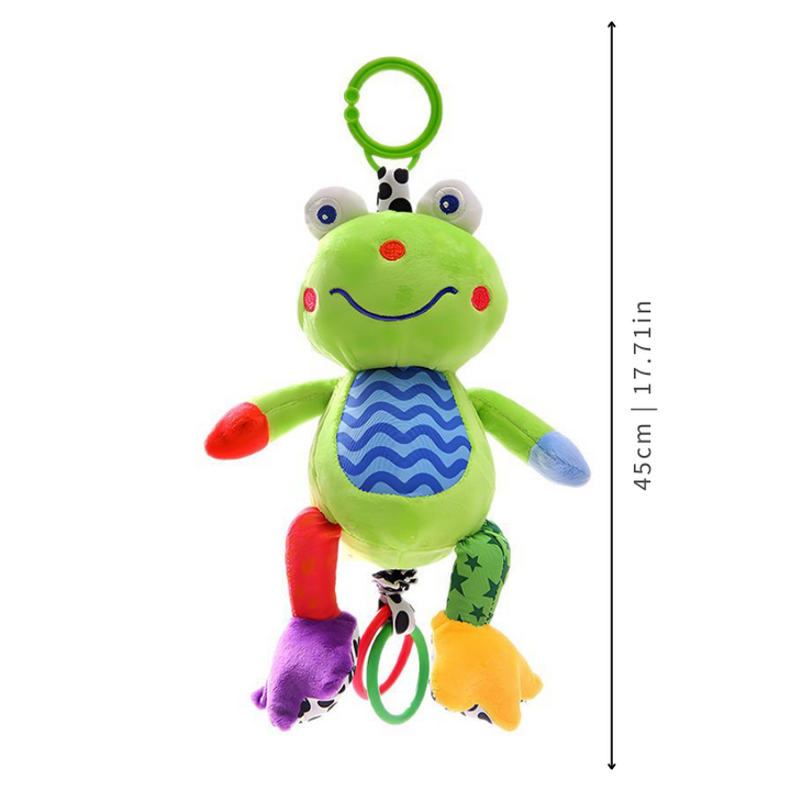 Unisex musical frog plush toy, a soft infant comfort item with clip, ideal for newborn sensory play.