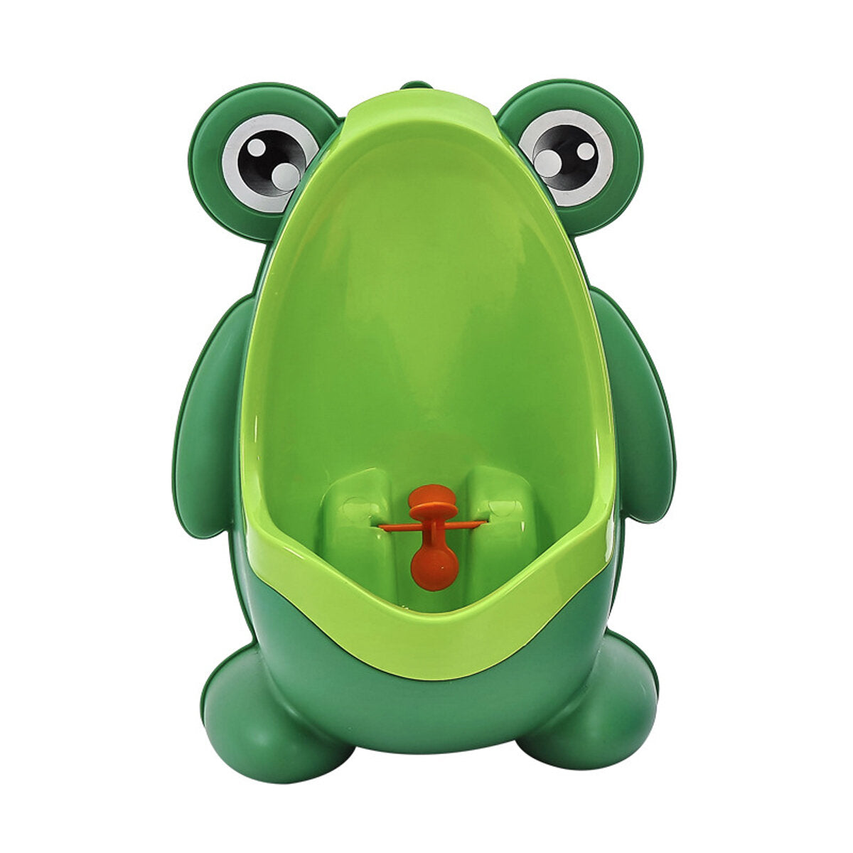 Close-up of the fun spinning target in the boys' frog potty training urinal, a 'learn potty' tool