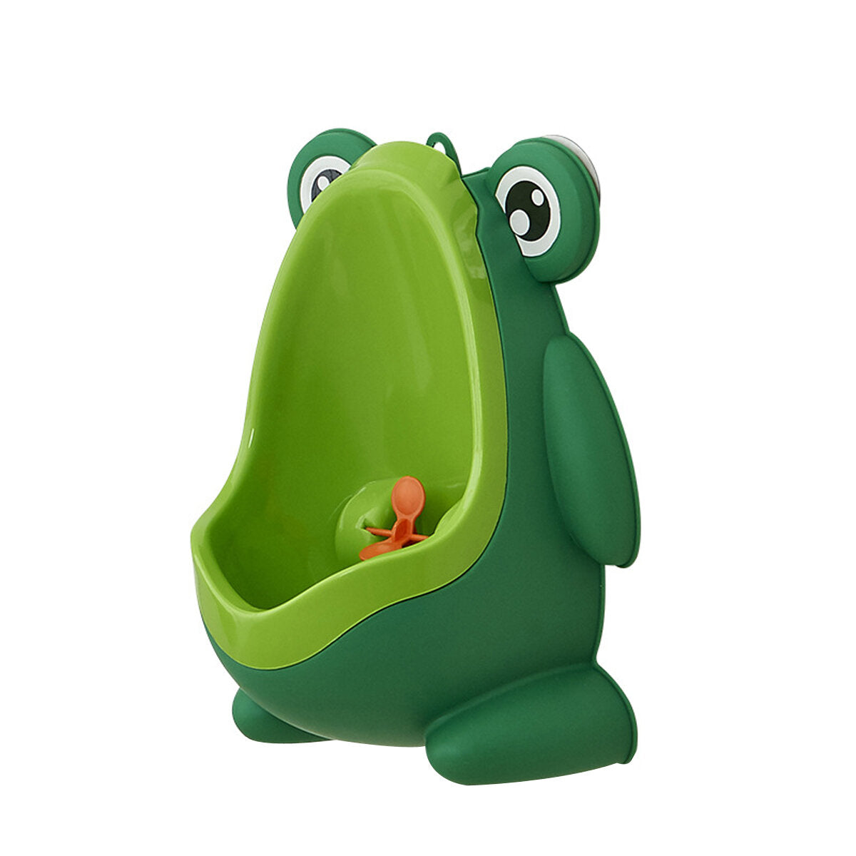 Side view of the green frog baby urinal, showing its wall-mount design for convenient kids bath use