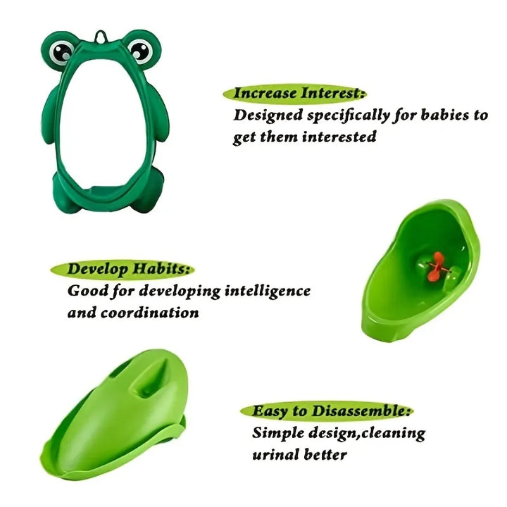 Collection of colorful frog potty training urinals, emphasizing design variety for kids' bathrooms.