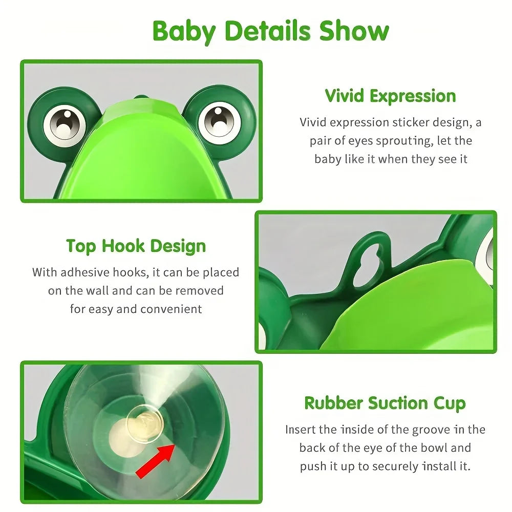 Side profile of a portable frog potty training urinal, ideal for toddler boys' bathroom use.