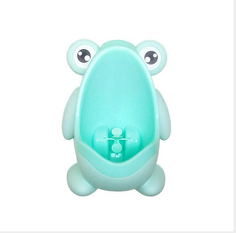 Kids' frog-shaped potty urinal with a fun spinning windmill, for easy boy's bathroom training.
