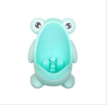 Kids' frog-shaped potty urinal with a fun spinning windmill, for easy boy's bathroom training.