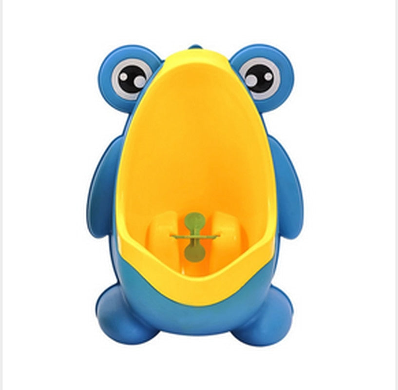 Close-up of the froggy potty training urinal's detachable basin and engaging windmill toy.