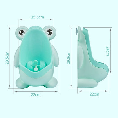 Wall-mounted froggy potty training urinal with eye-catching windmill, a great bathroom aid for kids.