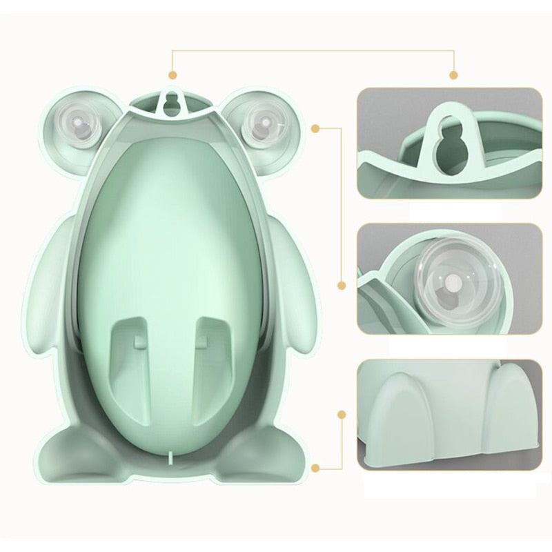 Detail shot of the smooth, easy-to-clean surface of the green froggy kids' urinal with windmill.