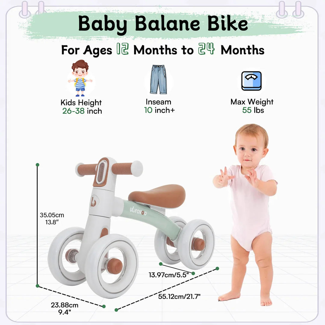 Baby's first balance bike, a green developmental ride-on toy for 12-24 months with silent wheels & headlight.
