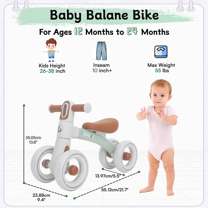 Baby's first balance bike, a green developmental ride-on toy for 12-24 months with silent wheels & headlight.