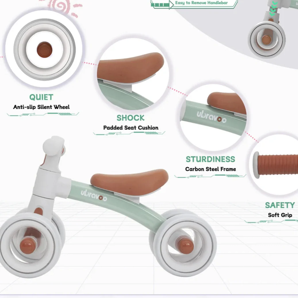 Green-geey balance bike for 1-2 year olds. Features a bright headlight & quiet, silent wheels for fun.