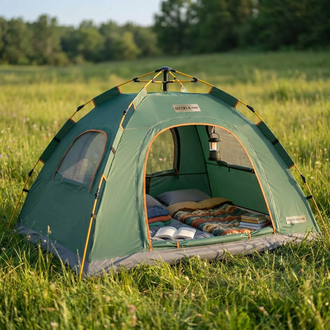 Green instant pop-up camping tent with quick setup for outdoor shelter. Water repellent & portable hiking gear.