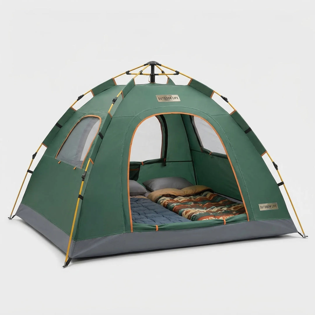 Easy setup instant pop-up camping tent. Portable, water repellent outdoor shelter, perfect for hiking & travel.