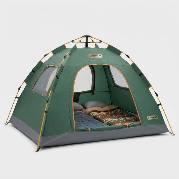 Easy setup instant pop-up camping tent. Portable, water repellent outdoor shelter, perfect for hiking & travel.