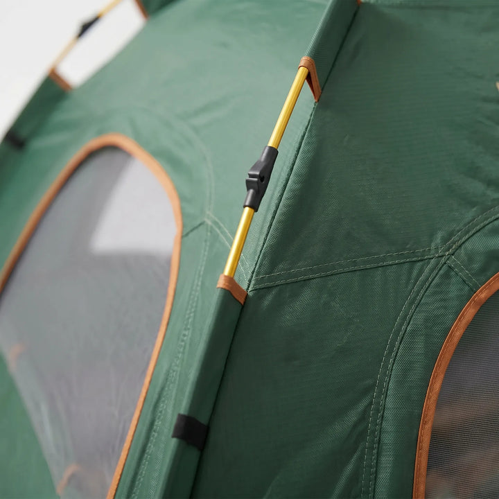 Spacious green instant pop-up camping tent. Quick setup outdoor shelter, water repellent for hiking & camping.