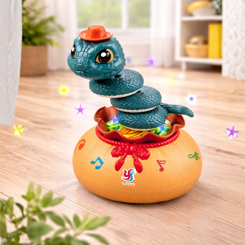 Green interactive twisting snake toy for kids, promoting sensory play and motor skills with music