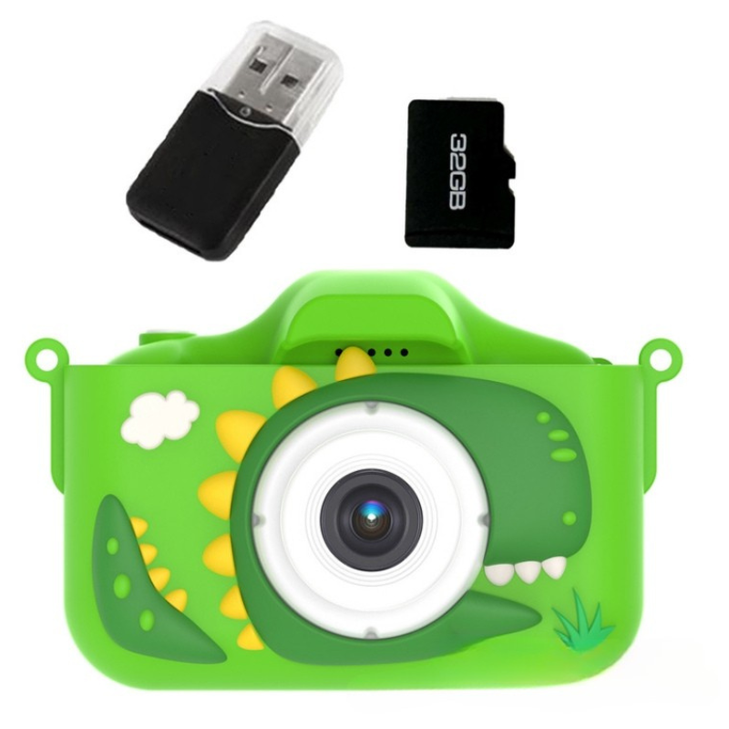 Close-up of a green kids digital camera, showing buttons and screen, ideal toddler educational toy.