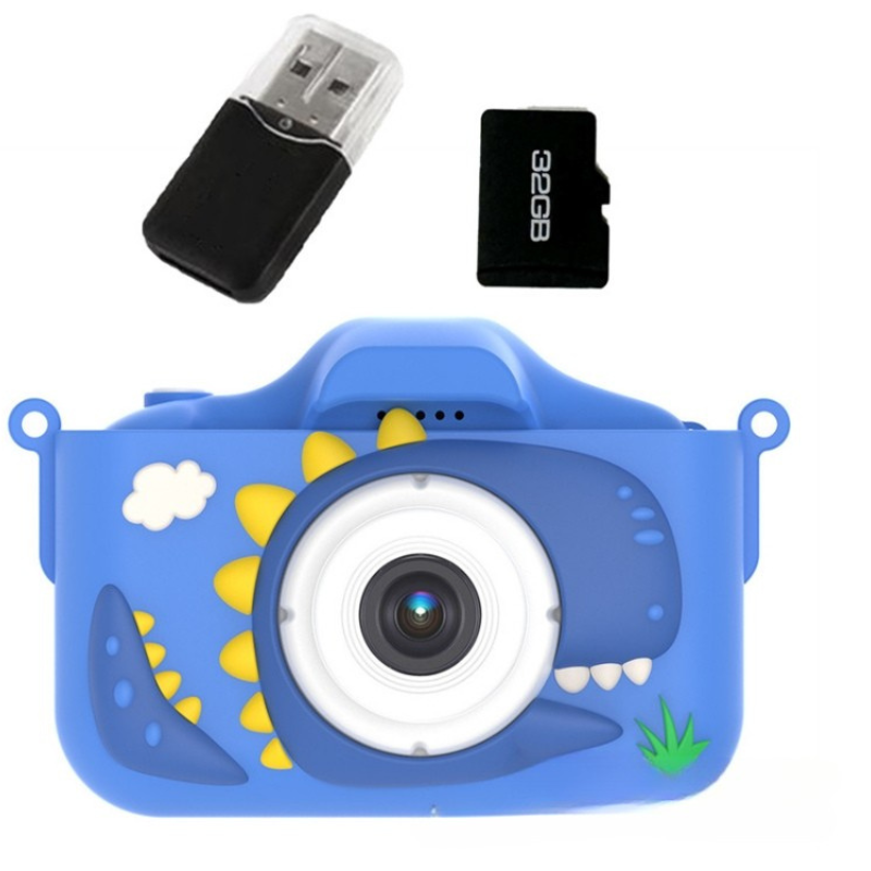 Child happily holding a blue kids digital camera, engaging in creative play and learning photography.