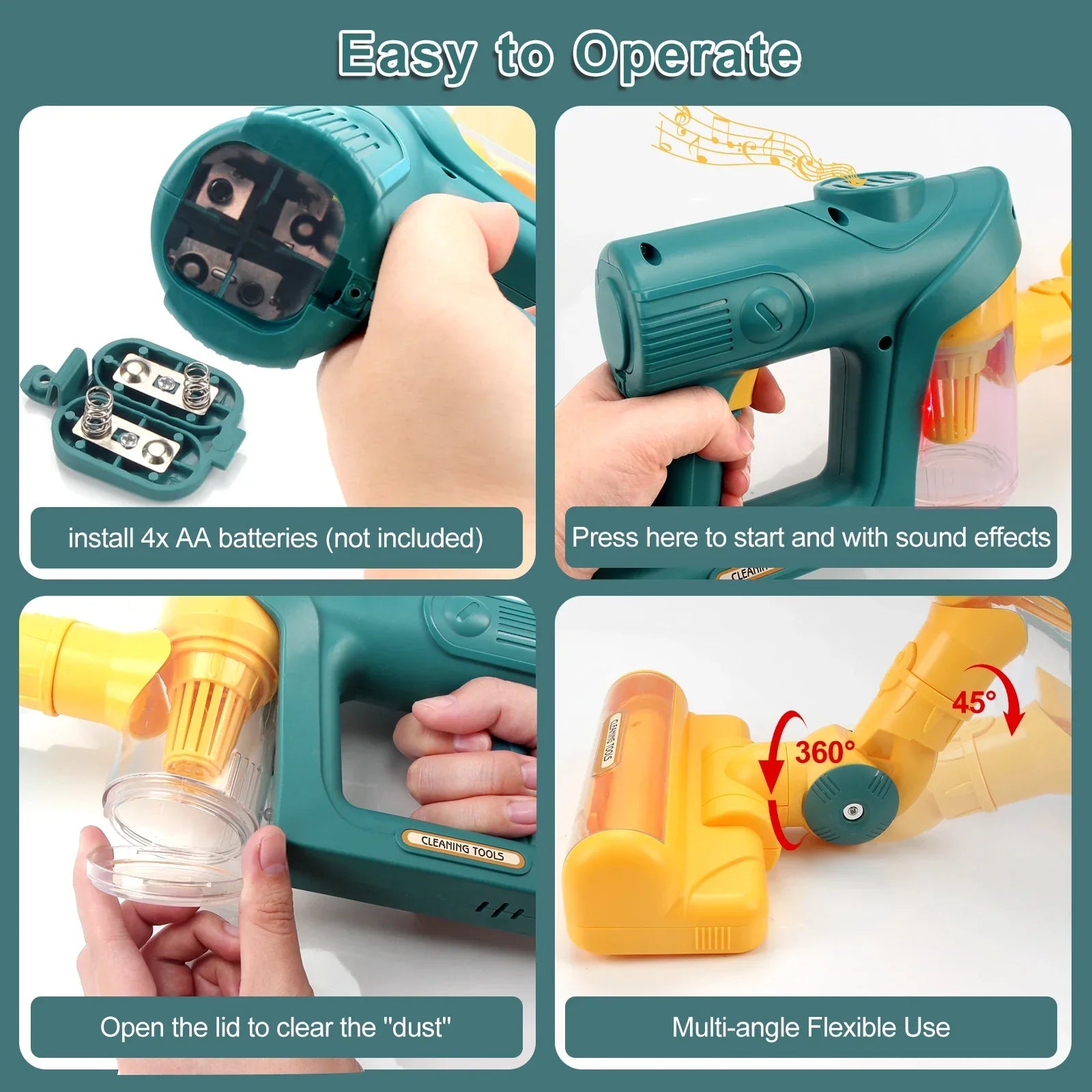 Kids' green pretend play vacuum cleaner, an educational toy enhancing fine motor skills for young children.