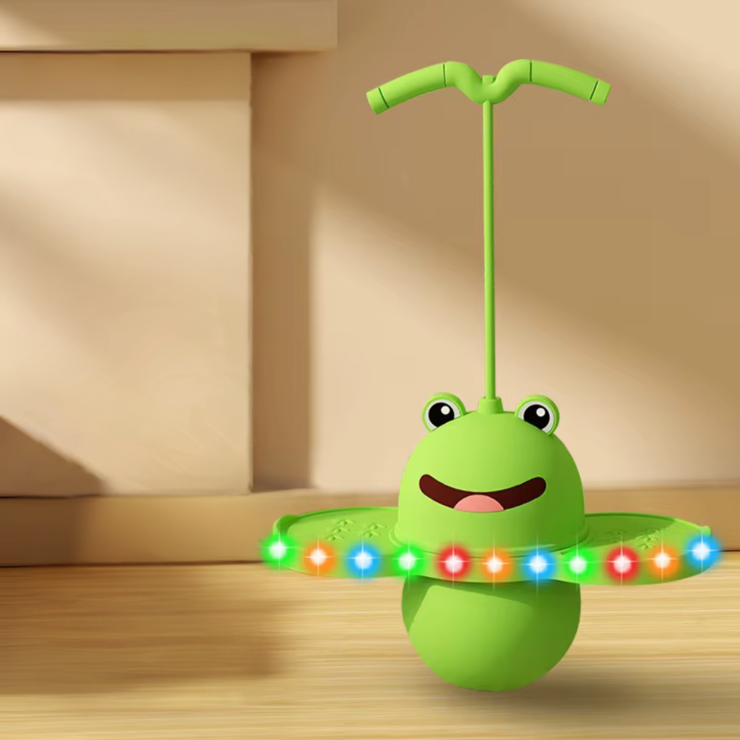 Box containing a kids' foam pogo jumper toy, emphasizing outdoor play and coordination