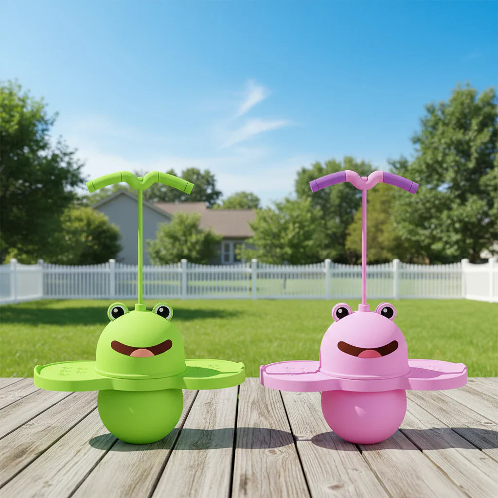 Pink kids' foam pogo jumper with soft base, promoting coordination and outdoor fun
