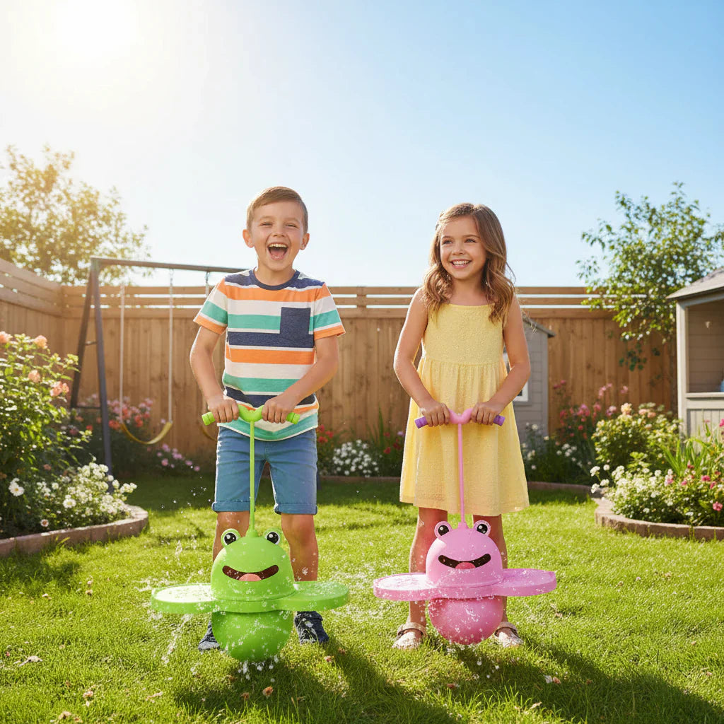 Child actively playing on a green foam pogo jumper, an engaging outdoor active toy